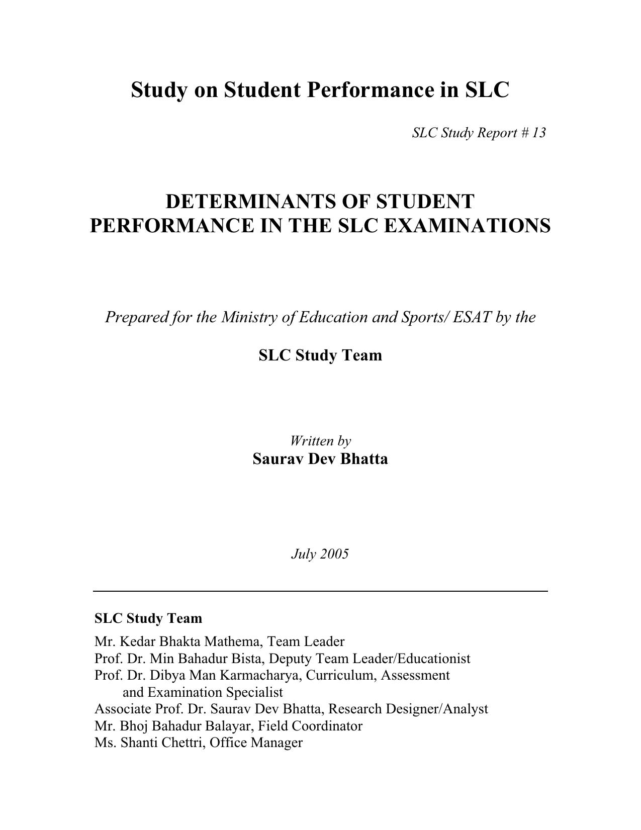 Determinants of Student Performance In SLC Exams(2005)
